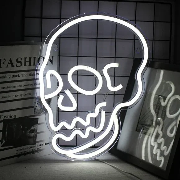 Neon White Skull Emo Goth Halloween Party Holiday Room Dorm Light LED Wall Decor - Picture 2 of 6